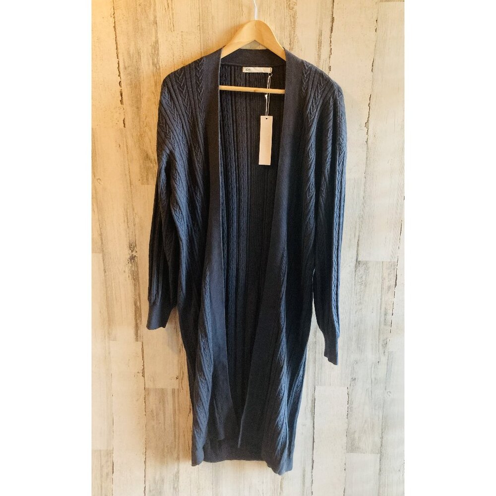 NWT $238 One Grey Day Alessi Duster Cardigan M Cable Knit Blue Cotton Silk Long